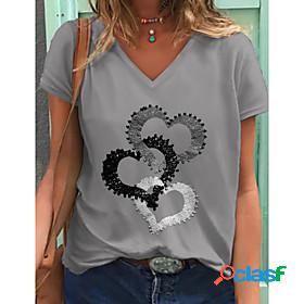 Womens T shirt Graphic Heart Print V Neck Tops Basic Basic