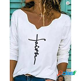 Womens T shirt Graphic Text Letter Long Sleeve Print V Neck