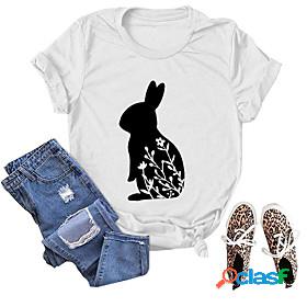 Womens T shirt Happy Easter Floral Graphic Rabbit Round Neck