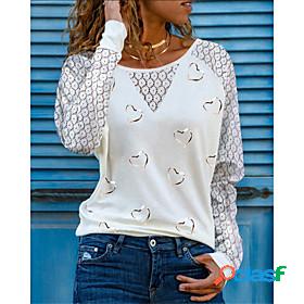 Women's T shirt Heart Long Sleeve Lace Round Neck Tops Basic
