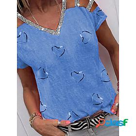 Women's T shirt Heart Love Heart V Neck Basic Tops Blue Gray