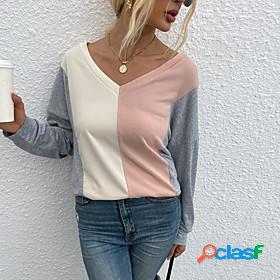 Womens T shirt Long Sleeve Color Block V Neck Patchwork