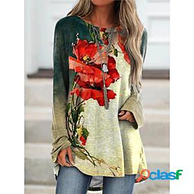 Womens T shirt Long Sleeve Flower Round Neck Basic Tops