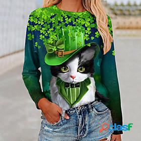 Womens T shirt Lucky 3D Cat Painting Cat Leaf 3D Round Neck