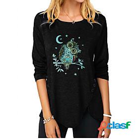 Womens T shirt Painting Animal Round Neck Button Print Basic