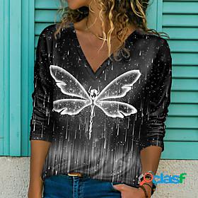 Womens T shirt Painting Animal V Neck Print Basic Tops Green