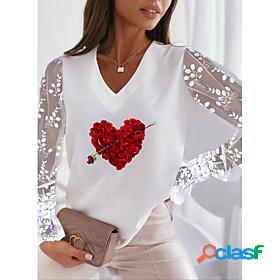 Womens T shirt Painting Couple Floral Heart Lip V Neck