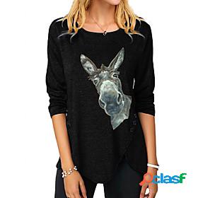 Womens T shirt Painting Donkey Animal Round Neck Button