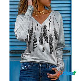Womens T shirt Painting Graphic Feather V Neck Print Basic