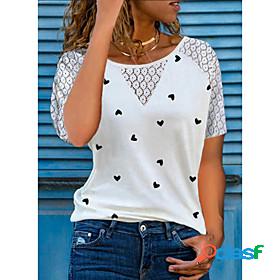 Women's T shirt Painting Heart Round Neck Lace Print Basic