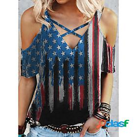 Women's T shirt Painting USA V Neck Cut Out Print Basic Tops