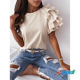 Womens T shirt Plain Round Neck Ruffle Basic Tops White