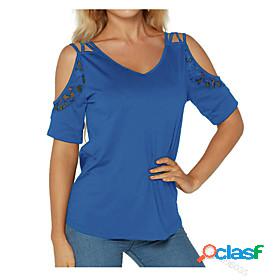 Womens T shirt Plain V Neck Cut Out Lace Basic Tops Blue