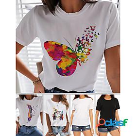 Womens T shirt Rainbow Butterfly Heart Print Round Neck