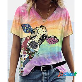 Womens T shirt Rainbow Color Block Cow Print V Neck Tops