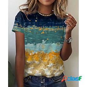 Womens T shirt Scenery Color Block Print Round Neck Tops