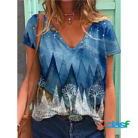 Womens T shirt Scenery V Neck Patchwork Print Basic Tops