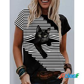 Womens T shirt Striped 3D Cat Striped Cat Graphic Round Neck