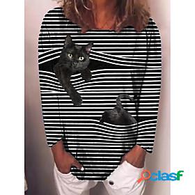 Women's T shirt Striped Cat Long Sleeve Print Round Neck