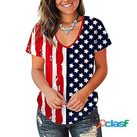 Womens T shirt Striped Flag V Neck Print Basic Tops Blue