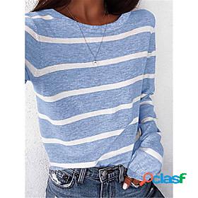 Womens T shirt Striped Long Sleeve Round Neck Tops Basic