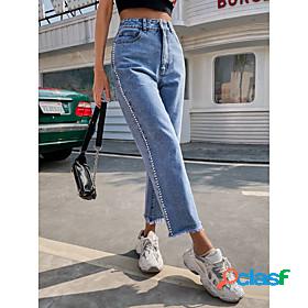 Womens Trousers Beads Jeans Ankle-Length Pants Solid Color