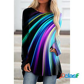 Womens Tunic T shirt Abstract Painting Long Sleeve Rainbow