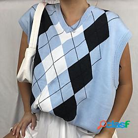 Womens Vest Argyle Embroidery Knitted Sleeveless Sweater