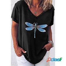 casual v-neck woman t-shirt short-sleeved dragonfly printed
