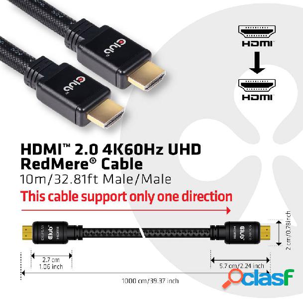 club3D HDMI Cavo Spina HDMI-A, Spina HDMI-A 10.00 m Nero