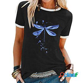 color dragonfly print t-shirt for women short sleeve tee