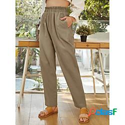 pantaloni da donna in cotone e lino elastico in vita casual