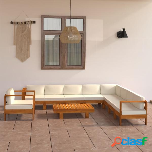 vidaXL Set Divani Giardino 10 pz Cuscini Bianco Crema Legno