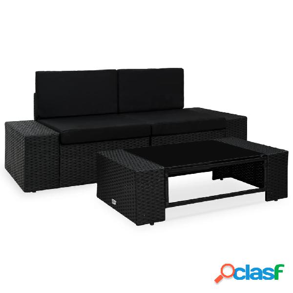 vidaXL Set Divani da Giardino 3 pz in Polyrattan Nero