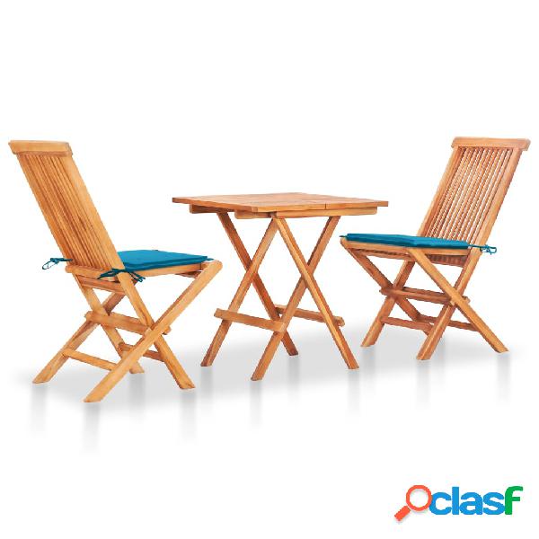 vidaXL Set da Bistrot 3 pz con Cuscini Blu in Legno Massello