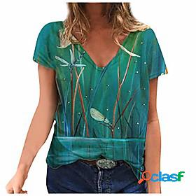 womens short sleeve v-neck t-shirt, summer dragonfly floral