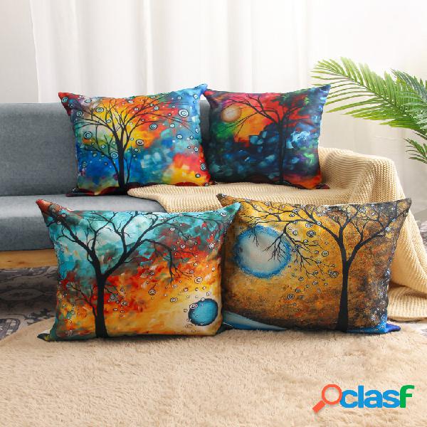 4 pezzi paesaggio Olio pittura Colorful stampa albero federa