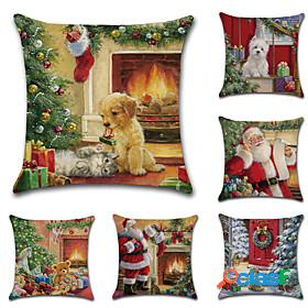 6 pcs Faux Linen Pillow Cover, Traditional Christmas Holiday