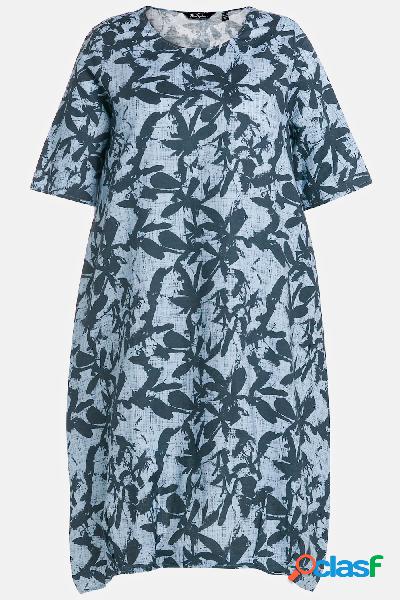 Abito midi in misto lino con foglie, scollo a girocollo e