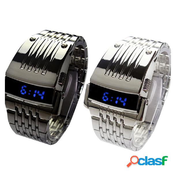 Binary Blue LED Display Orologio da uomo daffari in acciaio