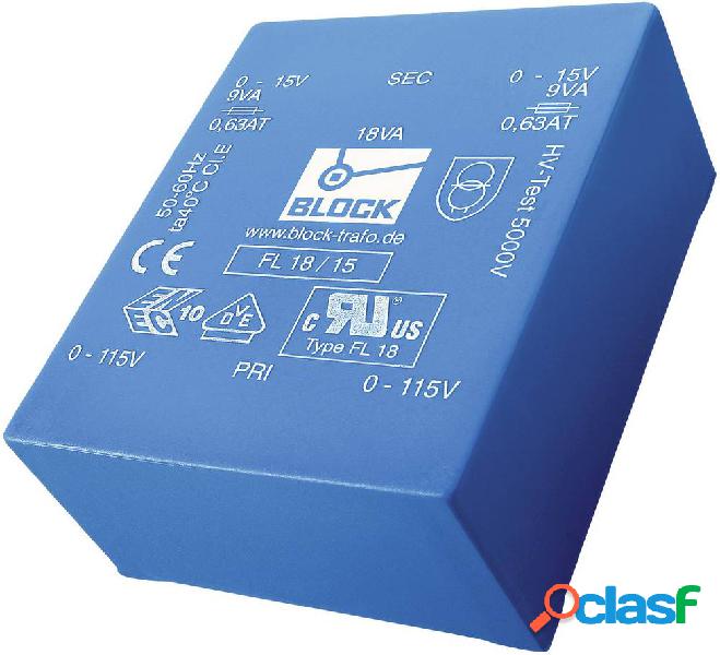 Block, UI 39/8 trasformatore piatto FL 10 VA 2 x 115 V 2 x