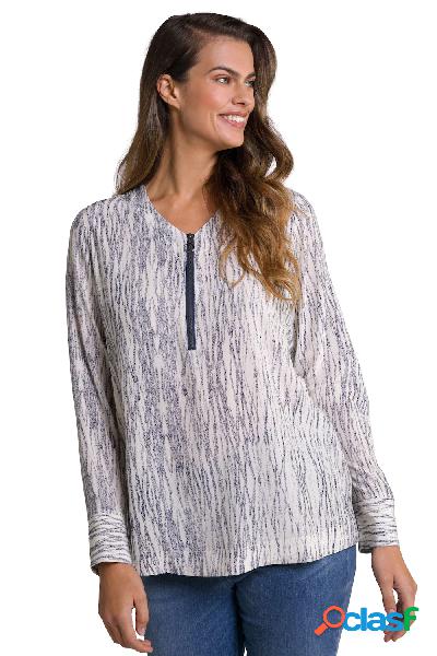 Blusa a righe con zip, scollo a V e maniche lunghe, Donna,