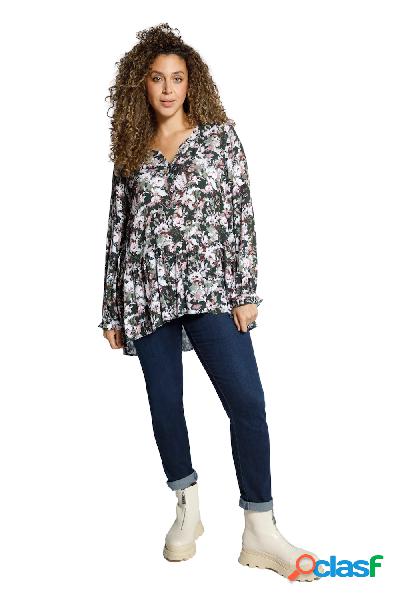 Blusa dal taglio svasato a fiori con righe brillanti, ruche