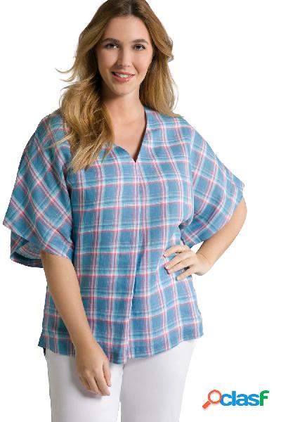 Blusa di lino a quadri con scollo a V e mezze maniche,