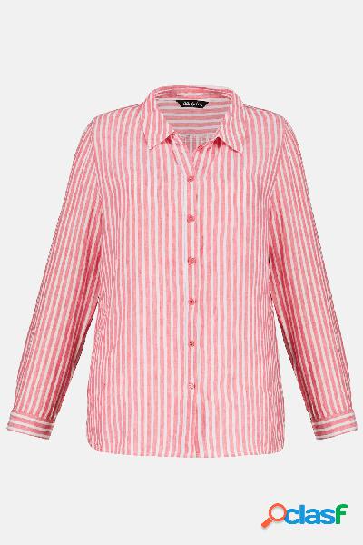Blusa di lino, righe, maniche con risvolto, Donna, Rosso,