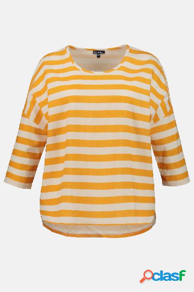 Blusa di lino, righe, oversize, maniche a 3/4, Donna,