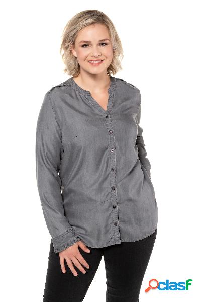 Blusa in Lyocell, ruche sulle spalle, colletto alto, Donna,