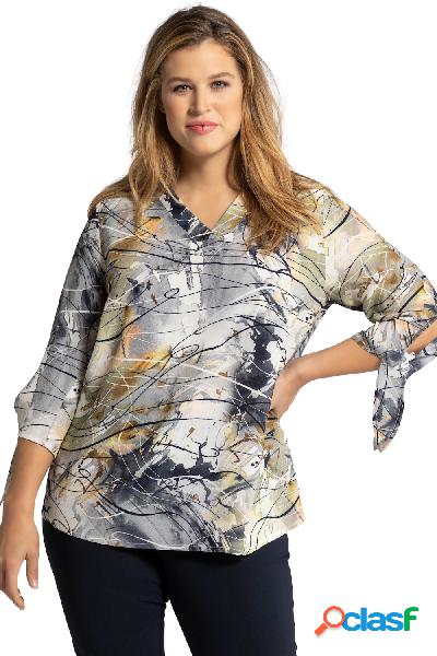 Blusa, stampa ispirata al marmo, scollo a V, maniche a 3/4,