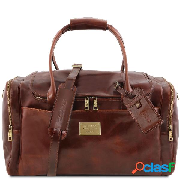 Borsone viaggio in pelle con tasche laterali Marrone