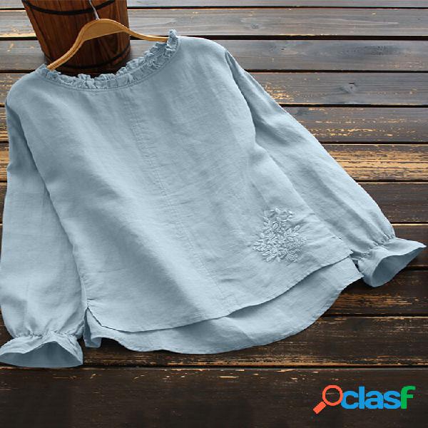 Camicetta vintage a maniche lunghe con ricamo floreale in